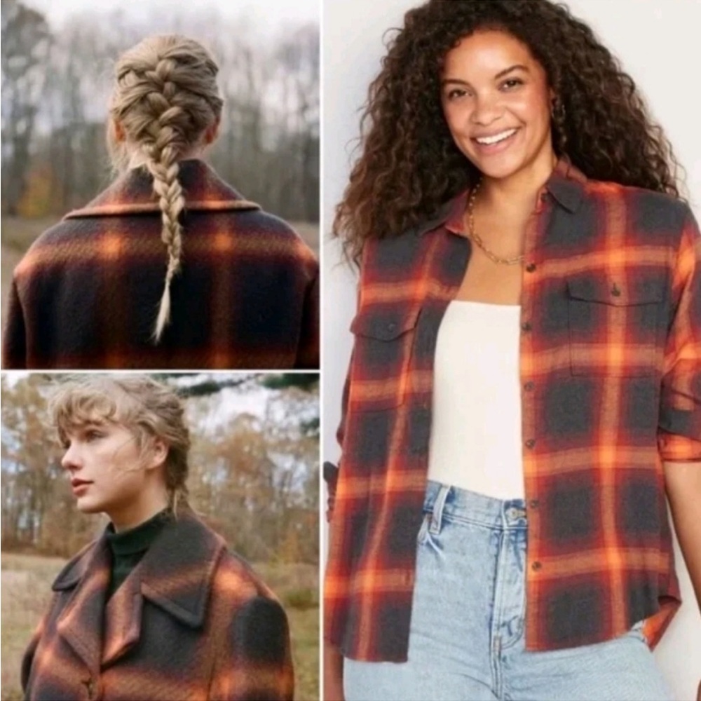 Old Navy Boyfriend Shirt Taylor Swift Evermore Flannel Orange Black Small